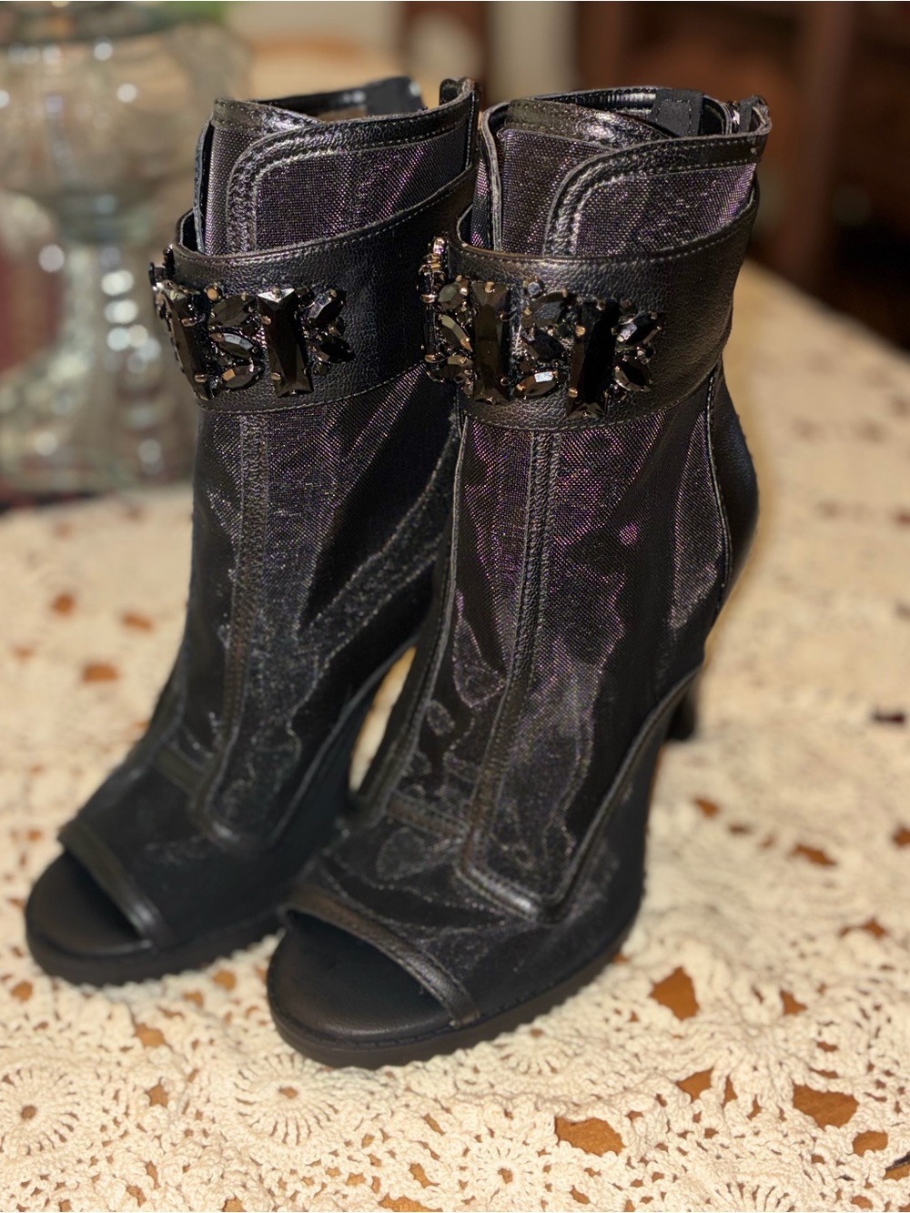 NWOT Karl Lagerfeld Paris Black Mesh Peep-Toe High Heel Booties - Picture 5 of 15